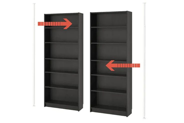 two black bookshelves with red arrows pointing to the left and right ends on each shelf