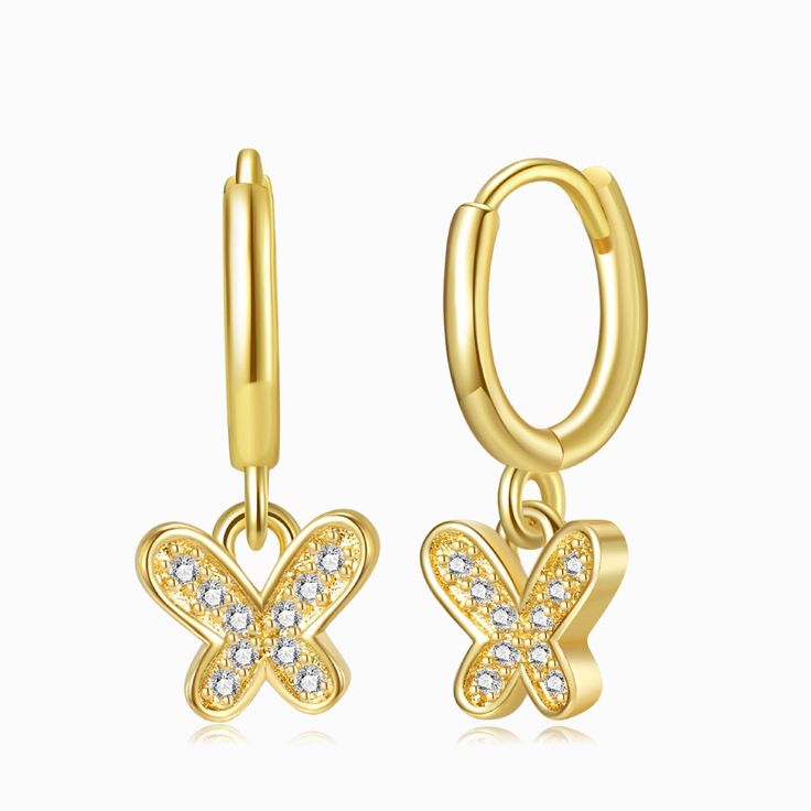 This exquisite pair of jeweled butterfly gold earrings is a symbol of love and hope. It’s elegant and stunning, which suits both casual and formal outfits. It also makes for a beautiful gift to show your affection. Gold Earrings With Butterfly Charm For Party, Gold Butterfly Charm Earrings For Party, Party Earrings With Gold Butterfly Charm, Elegant Butterfly Charm Earrings, Dainty Hoop Earrings With Butterfly Charm, Elegant Gold Earrings With Butterfly Charm, Cubic Zirconia Butterfly Charm Earrings For Gift, Elegant Gold Butterfly Earrings, Dainty Butterfly Charm Earrings