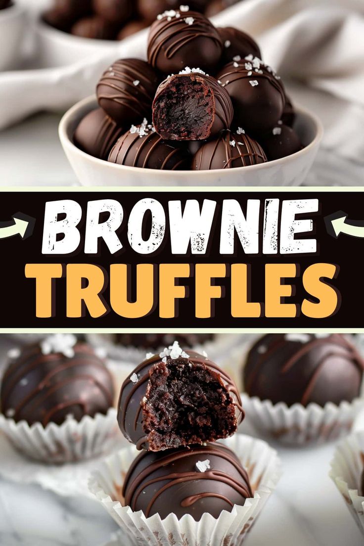 chocolate truffles are stacked on top of each other with the words brownie truffles above them