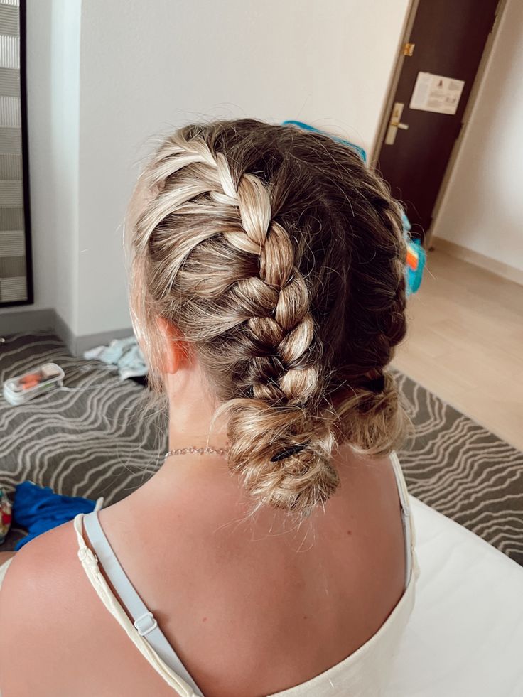 its a french braid that i put into a pigtail and then made the pigtail into a cute messy bun. then i pancaked the braid to make it look more loose and natural. (model: Cora) Two French Braids For Short Hair, Cute French Braids For Short Hair, Braid With Messy Bun, French Braids To Buns, Two Bread Hairstyle, French Braid To A Bun, French Braid Hair Styles, Short Hair French Braids, Braid To Messy Bun