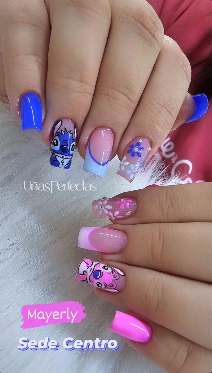 Stitch And Angel Nail Designs, Stitch Nails Acrylic Short, Short Stitch Nails, Disney Nails Stitch, Manicure Stitch, Stitch Nails For Kids, Stitch And Angel Nails, Stitch Nails Acrylic, Kid Nail Designs