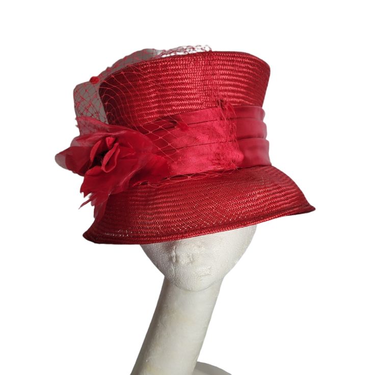 Red Sinamay Hat With A Satin Band. The Hat A Is A Short Brim With A Silk Flower And Netting To Accent. The Hat Is Nwt By Toucan Collection. Red Brimmed Costume Hat One Size, Red Brimmed Sun Hat For Party, Red Top Hat With Curved Brim For Spring, Red Mini Hats For Spring, Red Curved Brim Top Hat For Spring, Red Brimmed Mini Hat For The Beach, Red Brimmed Mini Hat For Beach, Red Short Brim Sun Hat For Party, Red Mini Hats For Spring Beach Outings