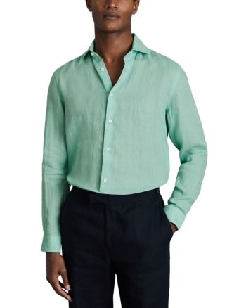 Reiss Ruban Long Sleeve Button Front Linen Shirt Modern Spring Shirt With Button Closure, Classic Green Tops With Spread Collar, Modern Green Long Sleeve Tops, Fitted Green Modern Tops, Modern Fitted Green Tops, Modern Green Tops For Workwear, Green Shirt With Button Cuffs And Spread Collar, Formal Green Tops With Button Cuffs, Green Formal Tops With Button Cuffs