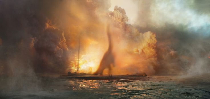 an image of a boat in the water with fire coming out of it's back