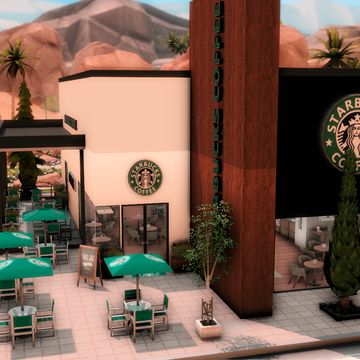 an animated rendering of a starbucks coffee shop with green umbrellas and tables in front of it