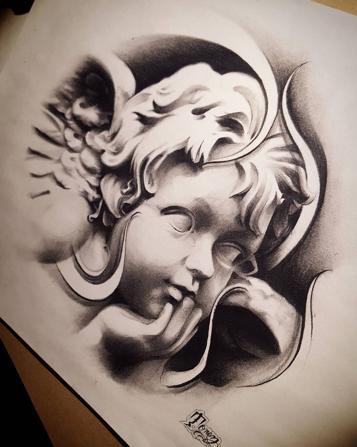 a drawing of a woman's face with an angel above her head and two cherubs on the other side