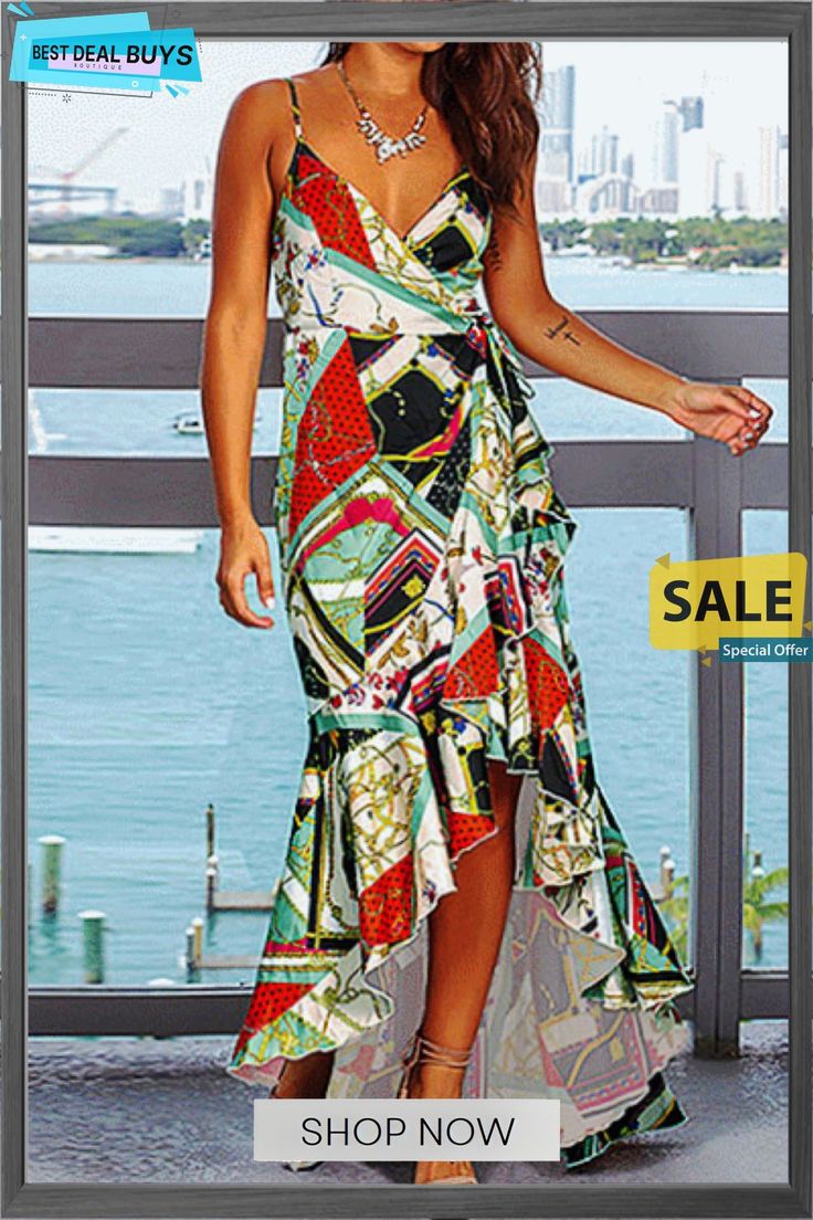 Fashion Elegant Floral Split Joint Flounce V Neck Irregular Dress Dresses Asymmetrical Multicolor Midi Dress For Party, Multicolor Asymmetrical Midi Dress For Party, Casual Multicolor Maxi Dress With Asymmetrical Hem, Chic Multicolor Maxi Dress With Asymmetrical Hem, Asymmetrical Multicolor Maxi Dress For Beach, Fitted Printed Dress With Asymmetrical Hem, Chic Asymmetrical Multicolor Dress, Multicolor Asymmetrical Summer Party Dress, Chic Multicolor Asymmetrical Dress