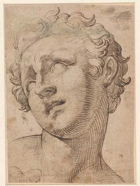 an old drawing of a man's head with curly hair and eyes closed, looking to the side