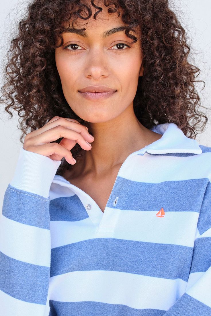 Our rugby style top is the cutest with its johnny collar, sail embroidery and nautical stripes. Women Sailing, Collar Sweatshirt, Rugby Fashion, Johnny Collar, Nautical Stripes, Collared Sweatshirt, The Cutest, Rugby, Sailing