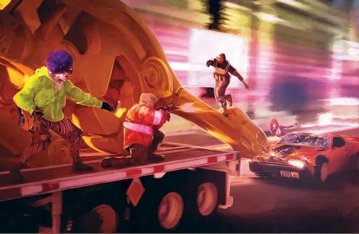 two people on the back of a semi truck in an animated scene with other vehicles