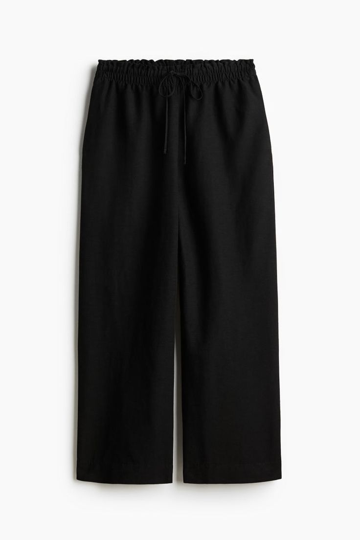 Loose-fit pants in an airy woven linen blend. High waist with ruffle trim  a narrow drawstring and smocked elastic at waistband  and discreet side pockets. Wide  ankle-length legs. Lookbook Casual, Black Linen Pants, Active Swimwear, Linen Blend Pants, Cardigan Sweater Dress, Cardigan Sweater Jacket, Nice Clothes, Blouse Pants, Kids Outerwear