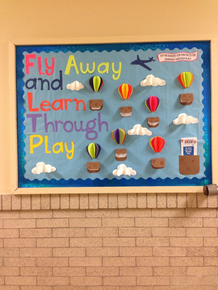 learning through play bulletin board Early Childhood Education Bulletin Board, Play Bulletin Board Ideas, Playground Bulletin Board Ideas, Childcare Bulletin Board Ideas, Bullition Board, Bulliten Boards Ideas Aesthetic, Lil Rugrats, Hot Air Balloon Classroom Theme, Nature Preschool