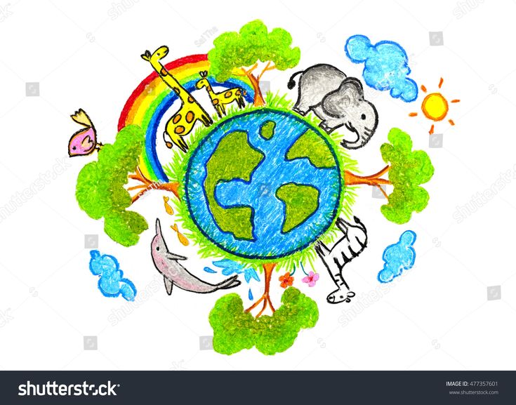 children's drawing of the earth with animals, trees and clouds on white background