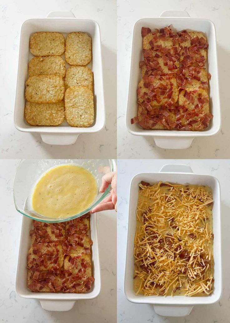 four different casserole dishes with cheese and other toppings in them on a table