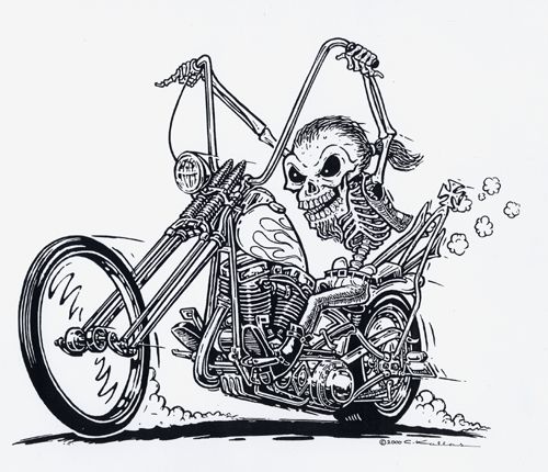 a drawing of a skeleton riding a motorcycle