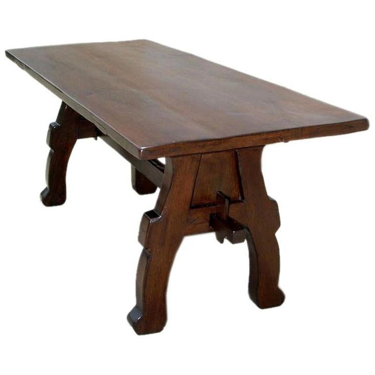 a wooden table with two legs and a single leg on one end, against a white background