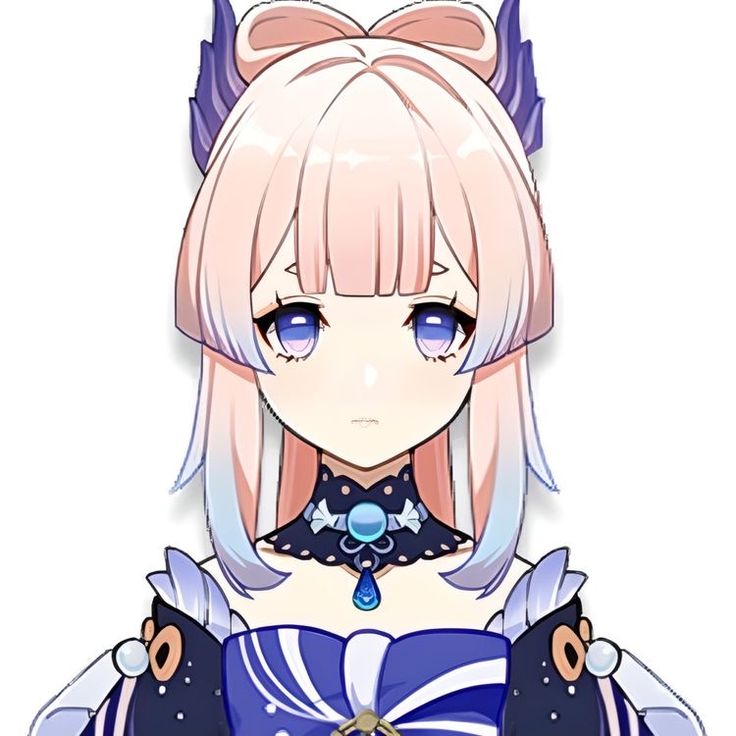 an anime character with horns on her head and blue eyes, wearing a dress in front of