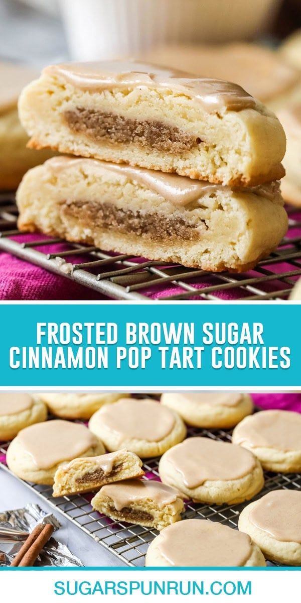 frosted brown sugar cinnamon pop tart cookies are stacked on top of each other