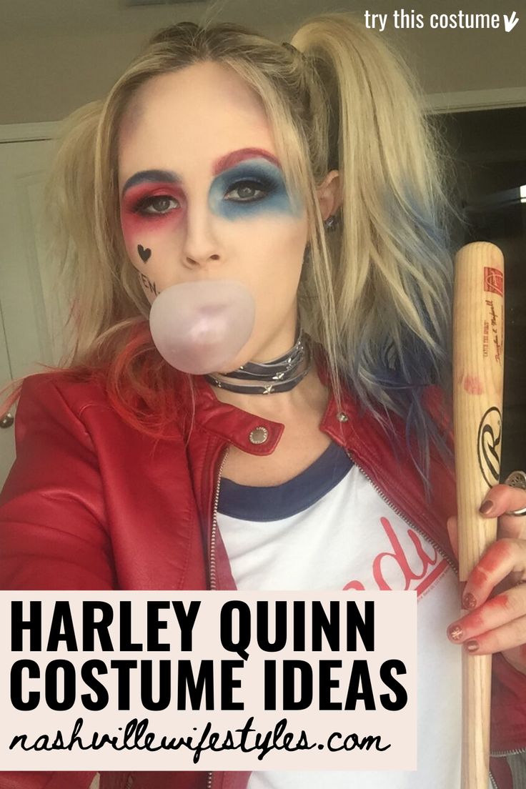 a woman wearing makeup and holding a baseball bat with the words harleyquinn costume ideas