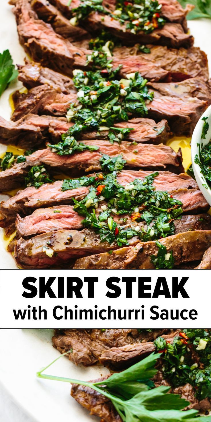 Skirt steak with chimichurri sauce Skirt Steak With Chimichurri, Skirt Steak Recipe, Steak Toppings, Steak With Chimichurri, Steak With Chimichurri Sauce, Easy Summer Dinner, Steak Dinner Recipes, Skirt Steak Recipes, Spring Recipes Dinner