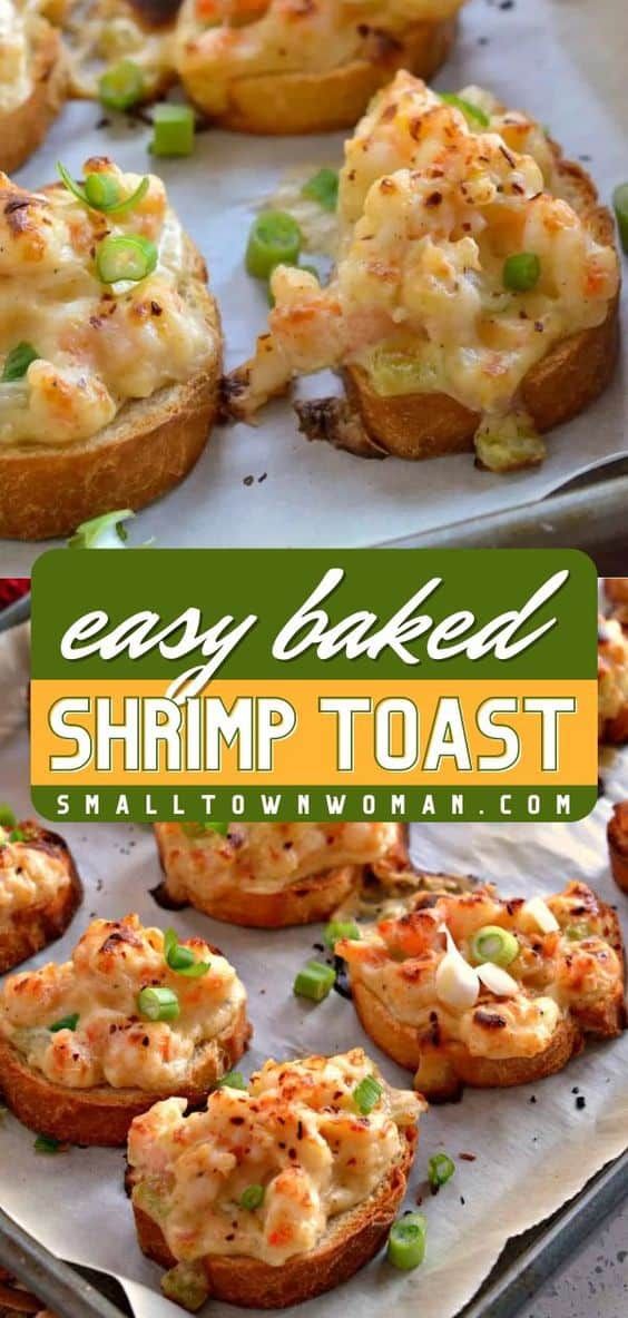 an easy baked shrimp toast recipe on a baking sheet with text overlay that reads easy baked shrimp toast