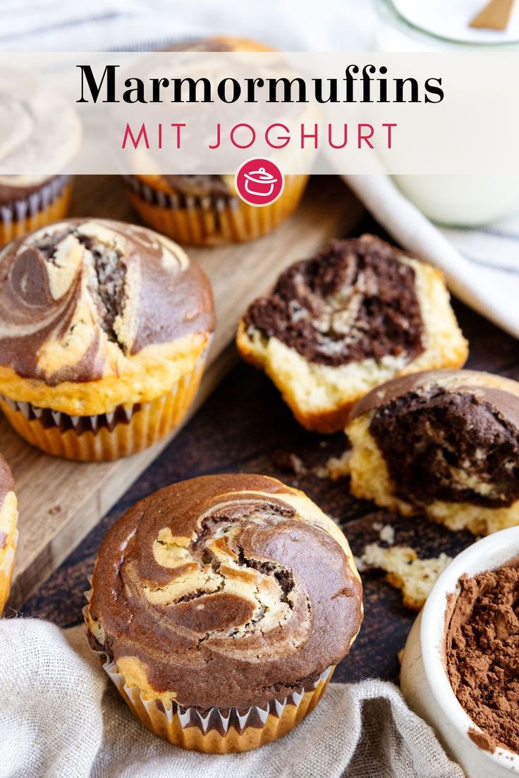 chocolate cupcakes and muffins on a cutting board with text overlay