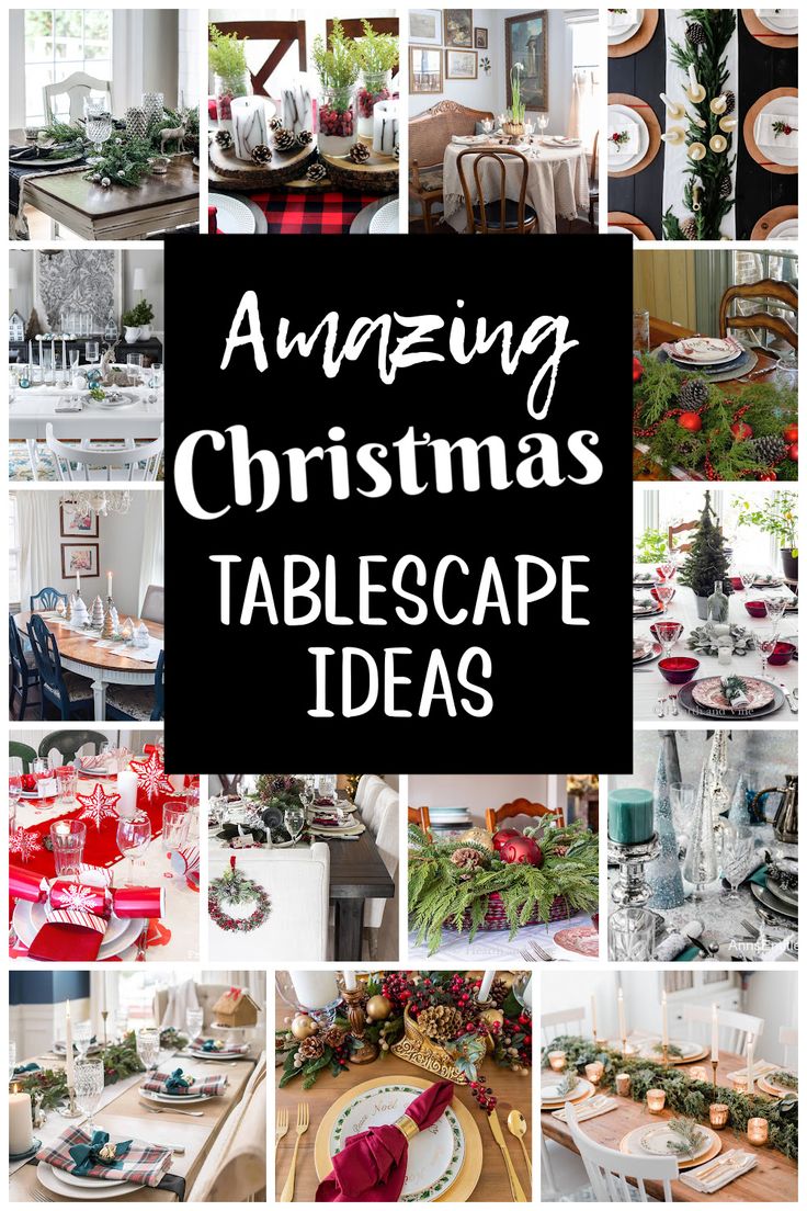 A collage of images of various kinds of Christmas table decorations. Fun Christmas Tablescapes, Christmas Tree Table Scape, Simple Holiday Table Settings, Xmas Tablescapes, Simple Tablescapes For Christmas, Simple Holiday Tablescapes, Round Christmas Tablescapes, Christmas Eve Tablescape, Christmas Table Scape Ideas