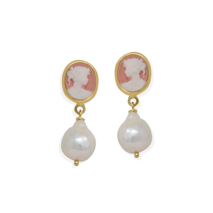 Pink Mini Cameo & Pearls Stud Earrings | Vintouch Italy | Wolf & Badger Elegant Cameo Earrings, Victorian Pearl Earrings For Pierced Ears, Cameo Earrings For Gift, Classic Cameo Earrings For Wedding, Blue Topaz Bracelet, Cameo Earrings, New Century, Cameo Jewelry, Italian Jewelry