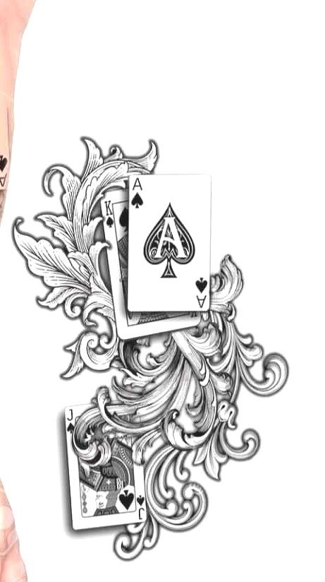 tattoos on the legs and arms are decorated with playing cards, which appear to have been designed