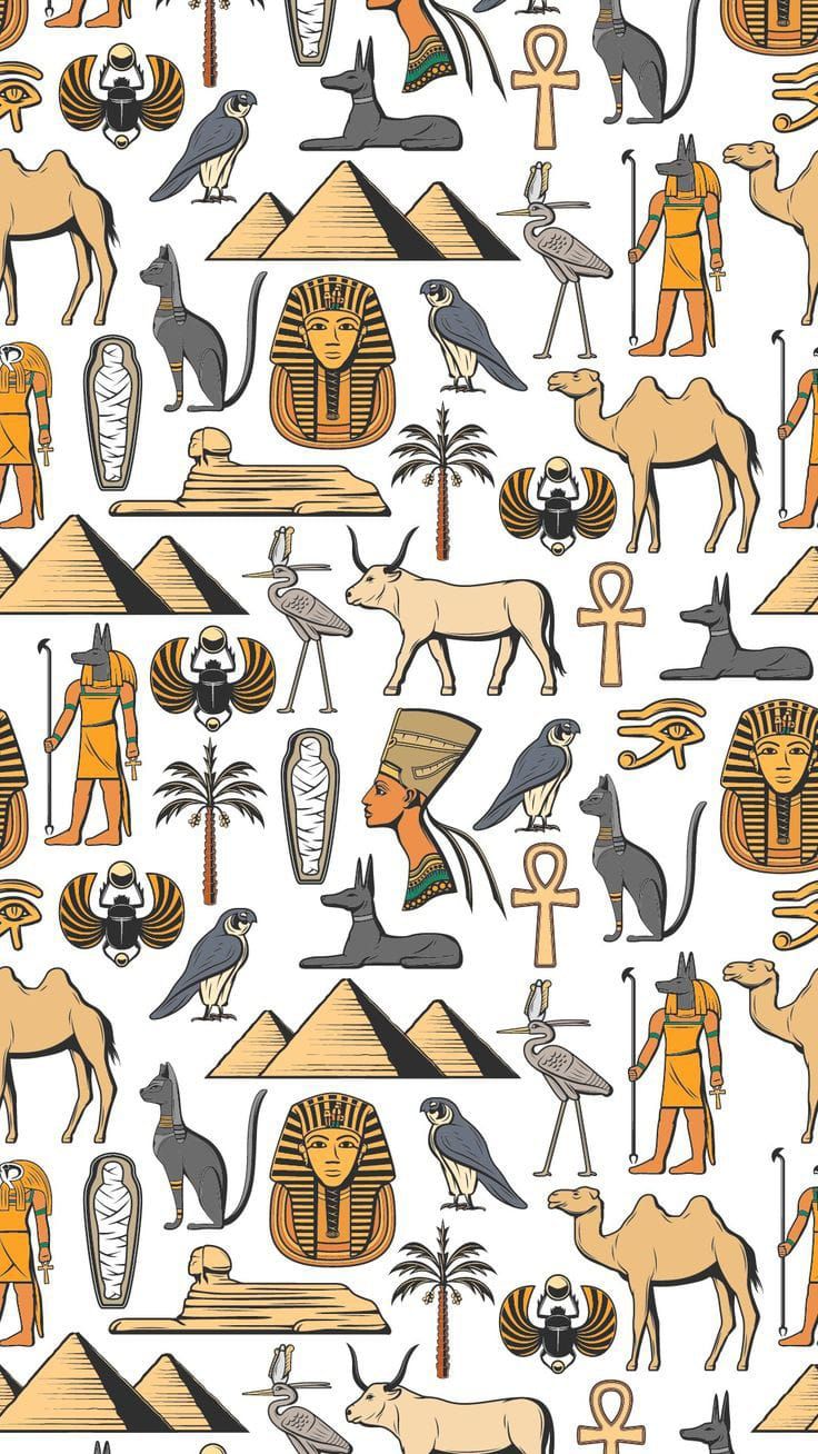 an image of egyptian art with animals and people in the style of ancient egypt on white background