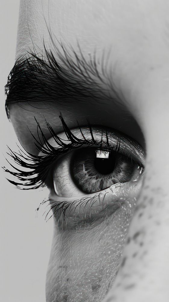 the eye of a woman with long lashes and freckles on her eyelashes is shown in black and white