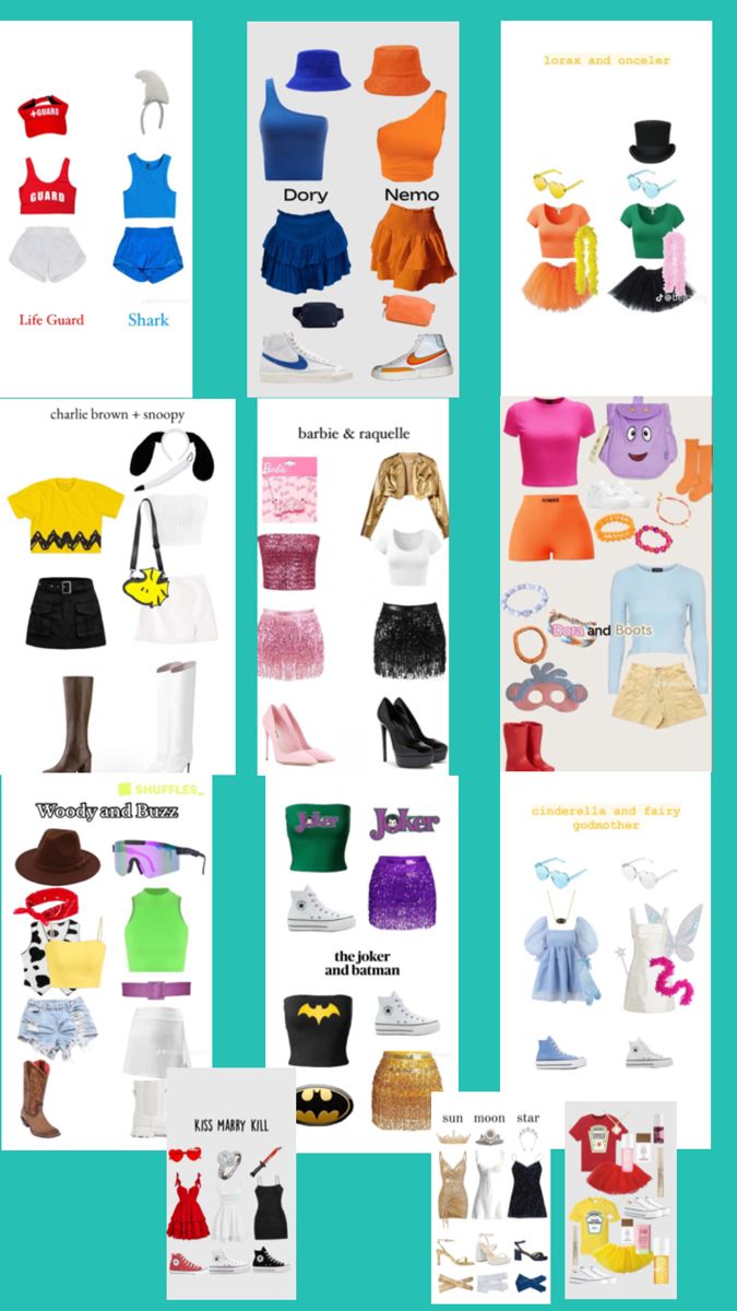 several different types of clothes and shoes are shown in this image with the same color scheme