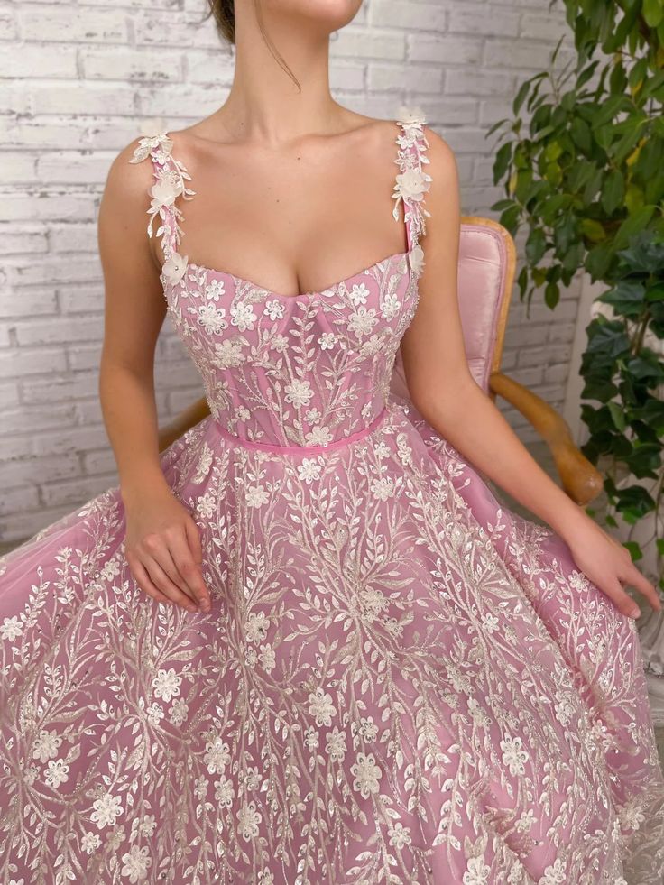 Dreamweaver's Floral Symphony Dress | Teuta Matoshi Lace Ball Gown Dress With Sheer Bodice, Lace Ball Gown With Lace Bodice, Pink Lace Ball Gown With Sweetheart Neckline, Elegant Lace Trim Debutante Ball Dress, Elegant Lace Trim Dress For Debutante Ball, Elegant Floral Embroidery Ball Gown For Debutante Ball, Pink Ball Gown With Floral Embroidery, Pink Lace Fitted Ball Gown, Feminine Lace Gown With Lace Bodice