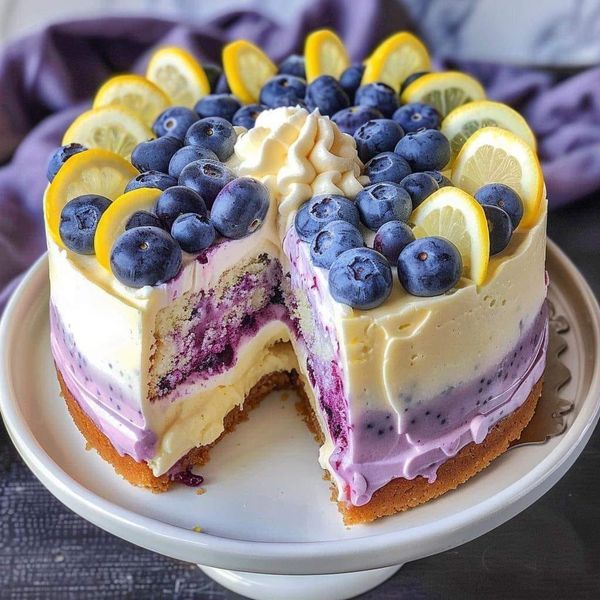 a cake with lemon slices and blueberries on top