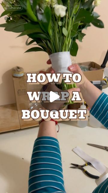 a woman holding a vase with flowers in it and the words how to wrap a bouquet