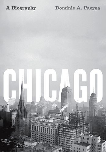 black and white photograph of chicago skyline with the word'chicago'written in large letters