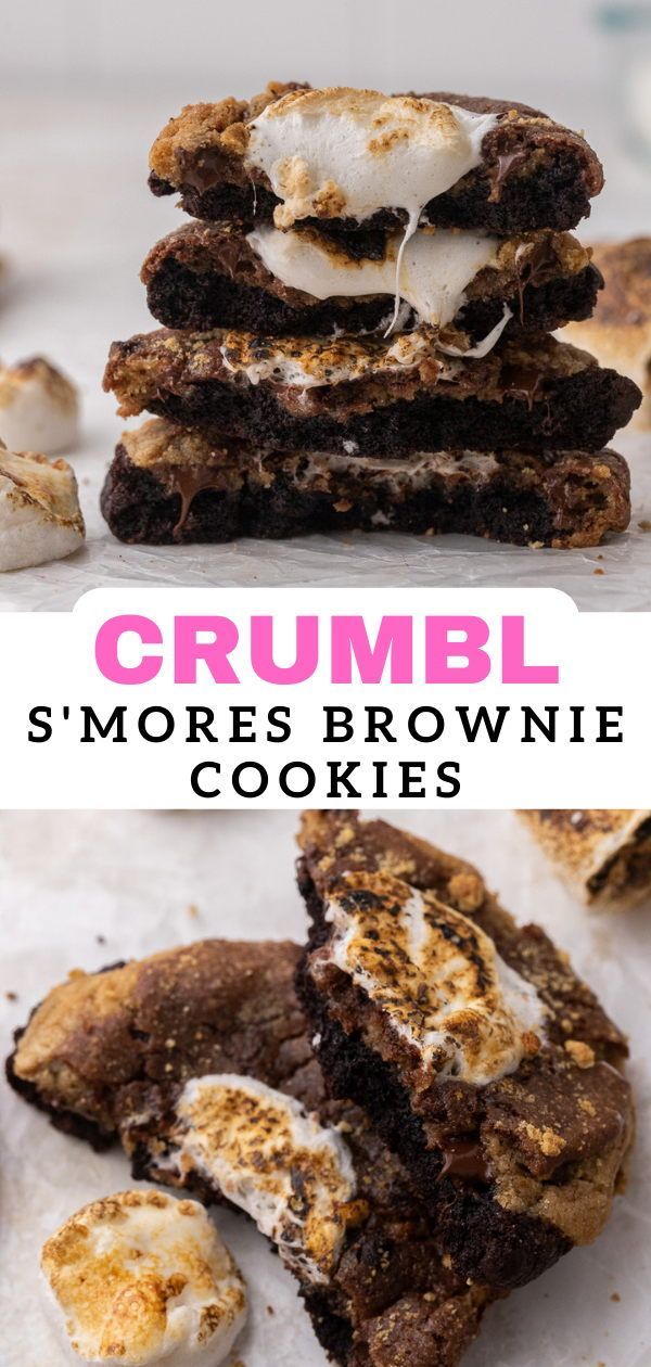 some brownie cookies with marshmallows on top and the words crumbl s'mores brownie cookies