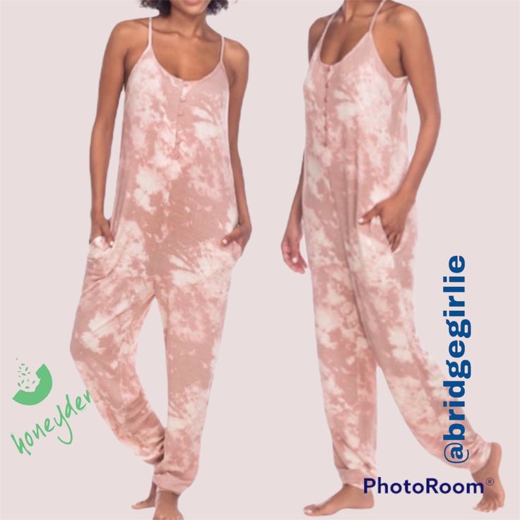 Honeydew One Piece Pink Tie Dye Jumpsuit Easy Fit Side Pockets Adjustable Straps Flattering Scoop Neckline Functional Buttons 95% Rayon/ 5% Spandex Casual Pink Jumpsuits And Rompers For Lounging, Casual Spring Sleep Jumpsuits And Rompers, Pink Relaxed Fit Jumpsuit For Loungewear, Summer Loungewear Overall Bodysuit, Relaxed Fit Bodysuit For Spring Loungewear, Casual Bodysuit For Relaxation, Lounge Jumpsuit, Leopard Print Jumpsuit, Tie Waist Jumpsuit