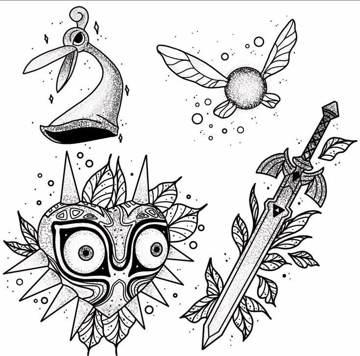 an ink drawing of three different items in black and white, one with a mask on it