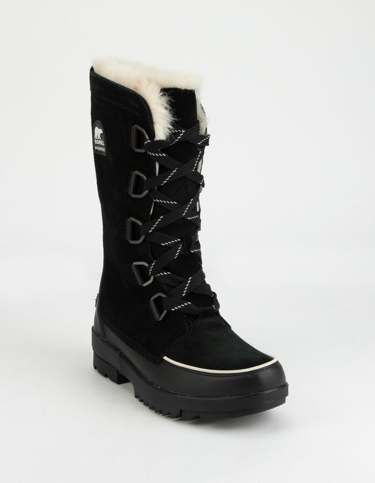 Sorel Tivoli IV Tall Boots. Ideal for cold winter days, this tall winter boot packs serious tread, insulation and an even sportier yet sleek look. Featuring 100 g insulation for warmth, a comfort EVA footbed, and fully waterproof construction, you'll defy the weather. UPPER: Waterproof suede and PU coated leather combination with faux fur collar. Microfleece lining. OutDry waterproof construction. Footbed: Die cut PU-like EVA footbed, microfleece topcover. Heel height: 1 3/4". Platform height: 1 Womens Tall Black Boots, Sorel Tivoli Iv, Sorel Tivoli, Tall Black Boots, Tall Winter Boots, Fur Snow Boots, Black Winter Boots, Stunning Shoes, Black Boots Tall