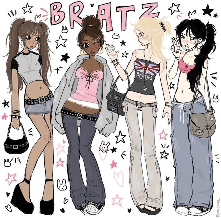 three girls standing next to each other with the words bratz written on their backs