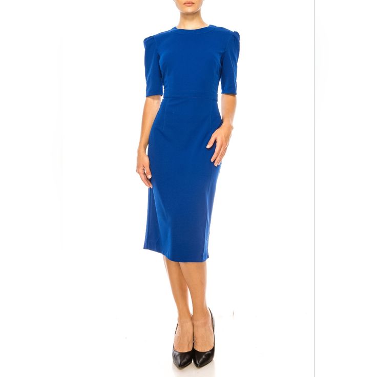 Donna Morgan Short Sleeve Sheath Dress A Smart And Stylish Knee-Length Dress That Features A Round Neckline, Above-The-Elbow Sleeves, And A Straight Silhouette Skirt. Additional Details: - Unlined - Hidden Back Zipper - Care: Machine Wash Cold Available Colors: Blue Sapphire Fabric: Scuba Crepe (96% Polyester, 4% Spandex Final Sale. Fitted Blue Mid-length Dress, Fitted Mid-length Blue Dress, Blue Fitted Asymmetrical Midi Dress, Blue Fitted Sheath Midi Dress, Flattering Midi Length Blue Dress, Flattering Blue Midi Dress, Flattering Blue Evening Dress, Blue Midi Length Dress, Elegant Blue Sheath Midi Dress