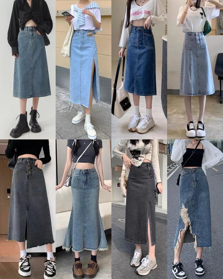 Dress And Jeans Combo, Long Skirt Denim Outfit, Long Skirt Jeans Outfit, Denim Jean Skirt Outfits, Dark Denim Skirt Outfit, Ootd Rok Jeans, Long Jeans Skirt Outfit, Long Denim Skirt Outfit Ideas, Denim Long Skirt Outfit