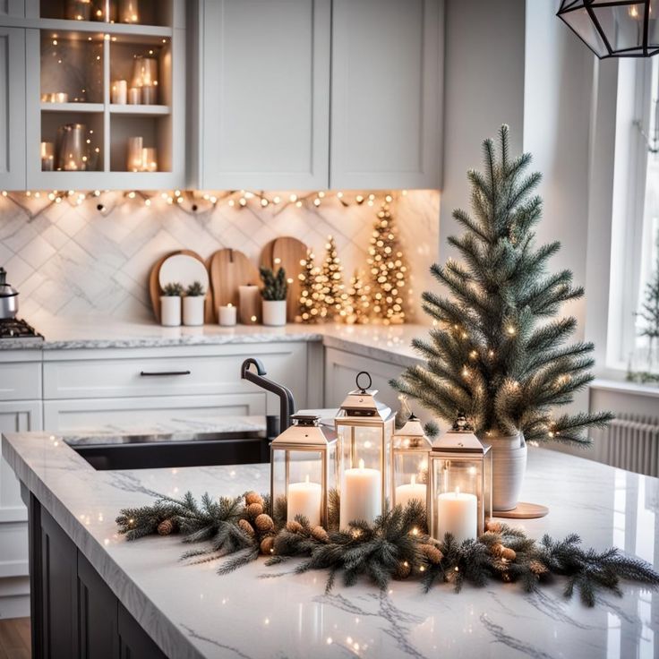 a kitchen counter topped with candles next to a christmas tree