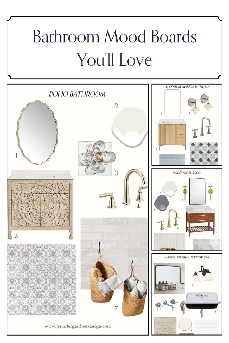 bathroom mood board with white and blue accents, including the sink, mirror, toilet paper holder