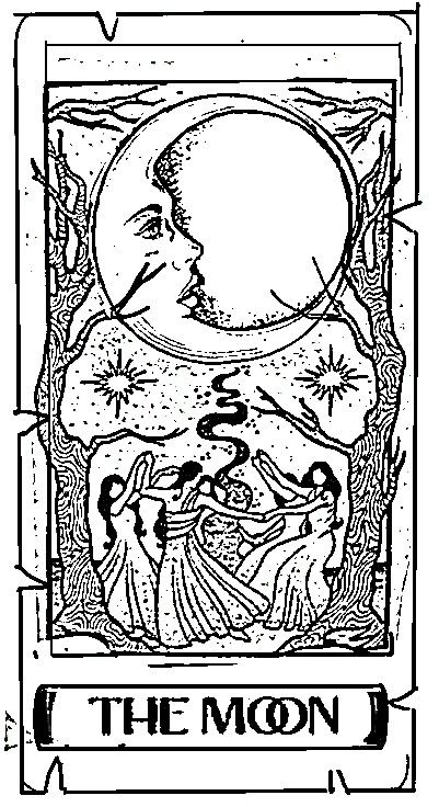 the moon tarot card in black and white, with an image of two people on it