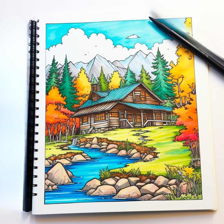 a drawing of a cabin in the woods next to a river and trees with fall colors