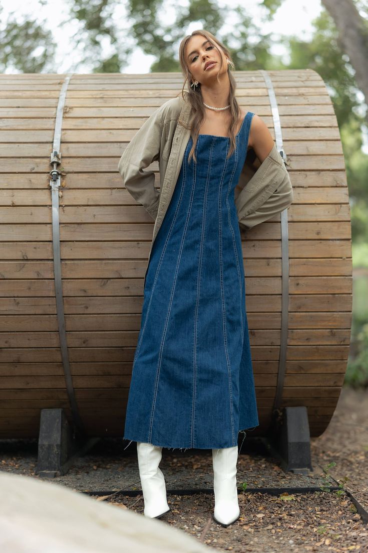 Set to ship 10/3 Corset Midi Dress, Denim Maxi Dress, Denim Midi Dress, Denim Corset, Effortless Elegance, Dress Romper, Hat Hairstyles, Midi Length, Denim Dress