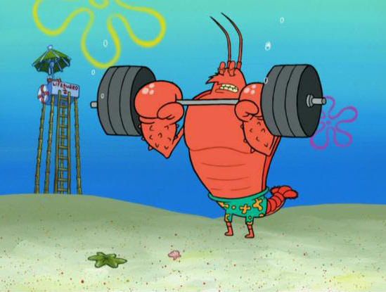 a cartoon character lifting a barbell in the ocean