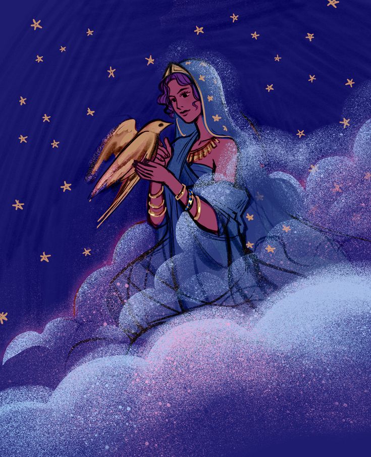 a painting of a woman holding a bird in the sky with stars above her head